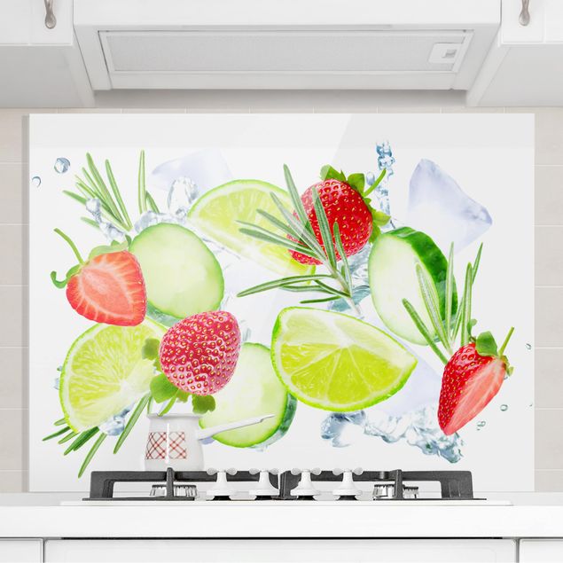 Küchenspritzschutz Erdbeeren Limetten Eiswürfel Splash