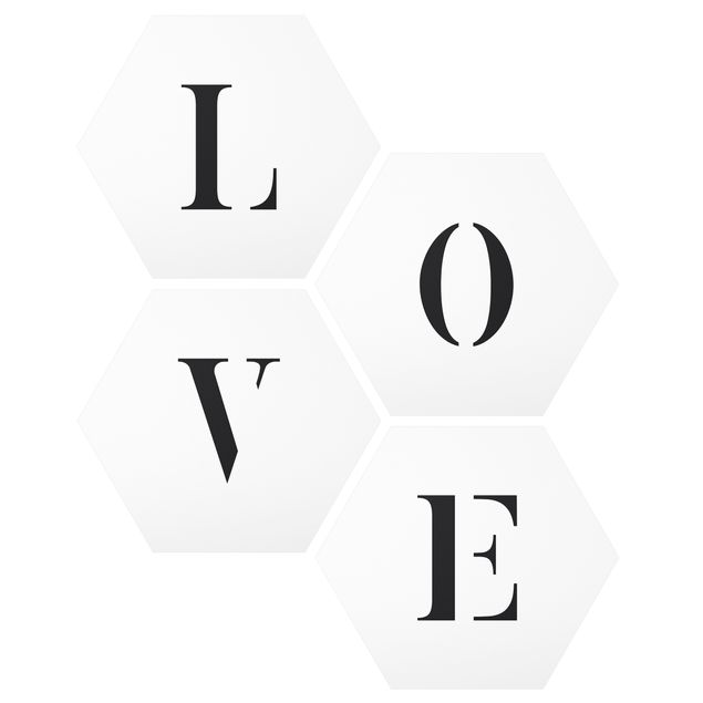 Hexagon Bild Alu-Dibond 4-teilig - Buchstaben LOVE Schwarz Set II