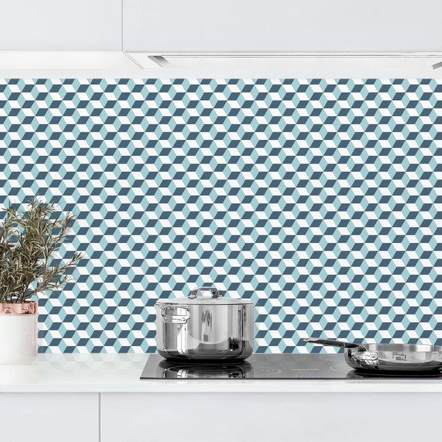 Platte Küchenrückwand Geometrischer Fliesenmix Würfel Türkis