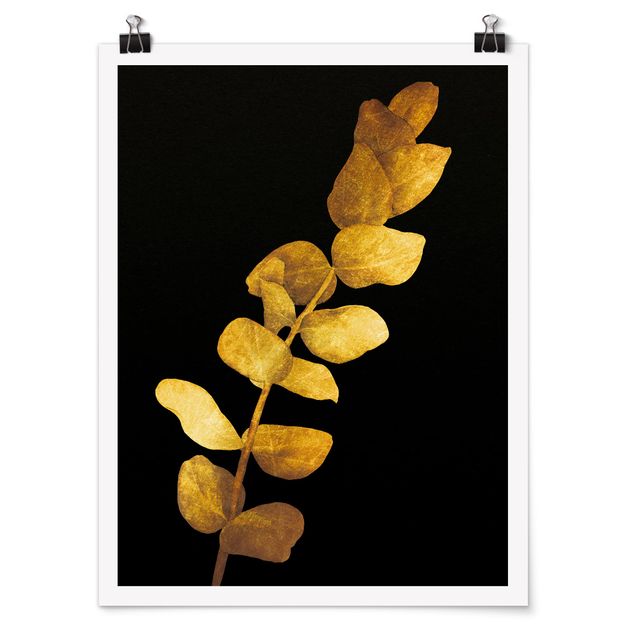 Poster - Gold - Eukalyptus auf Schwarz - Hochformat 4:3