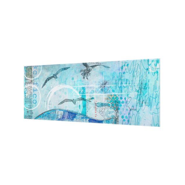 Spritzschutz Glas - Bunte Collage - Blaue Fische - Panorama - 5:2