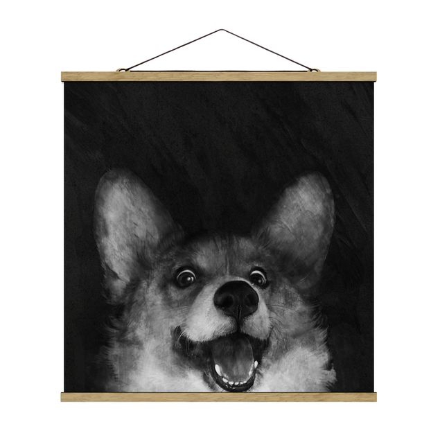 Stoffbild mit Posterleisten - Laura Graves - Illustration Hund Corgi Malerei Schwarz Weiß - Quadrat 1:1