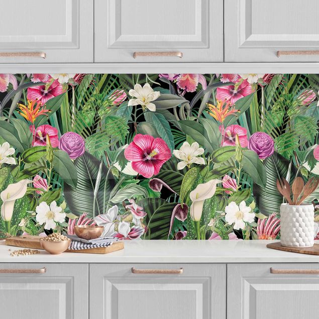 Platte Küchenrückwand Bunte tropische Blumen Collage