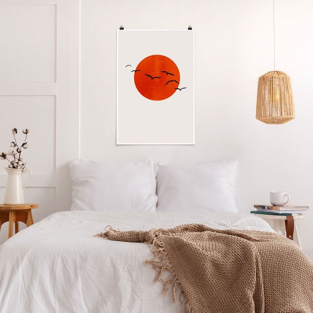 Landschaft Poster kaufen Vogelschwarm vor roter Sonne I