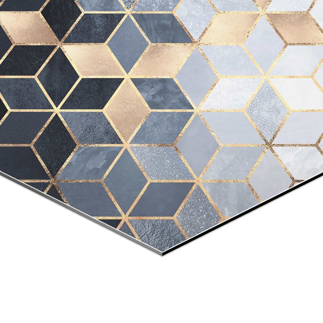 Hexagon Bild Alu-Dibond 3-teilig - Elisabeth Fredriksson - Blau Weiß goldene Sechsecke Set