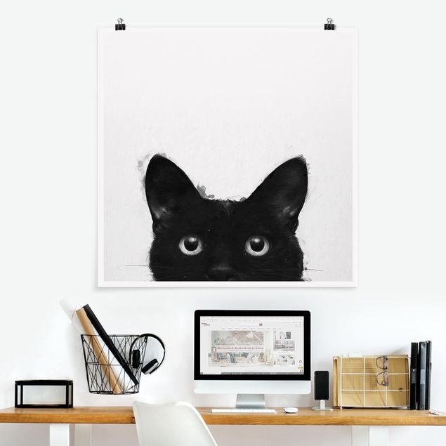 XXL Poster Illustration Schwarze Katze auf Weiß Malerei