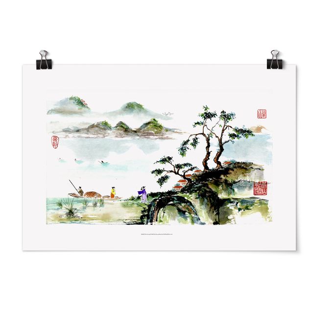 Landschaftsposter Japanische Aquarell Zeichnung See und Berge