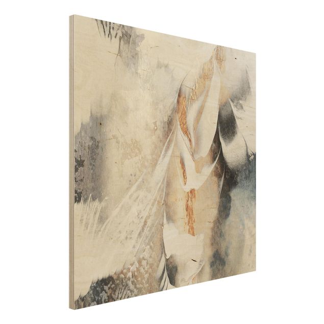 Holzbild - Goldene abstrakte Wintermalerei - Quadrat 1:1