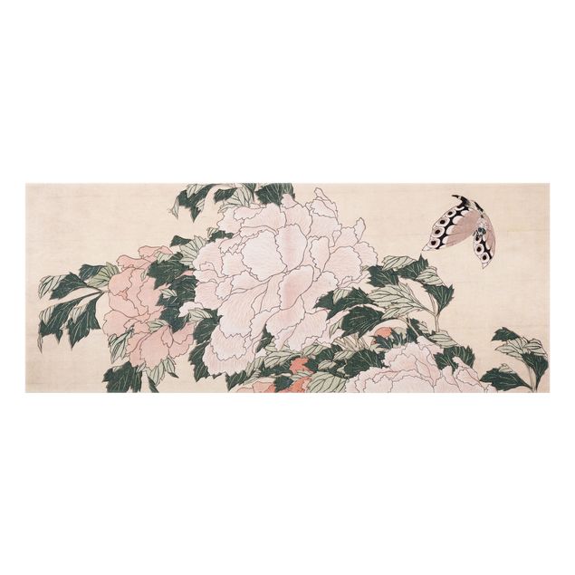 Hokusai Bilder Katsushika Hokusai - Rosa Pfingstrosen mit Schmetterling