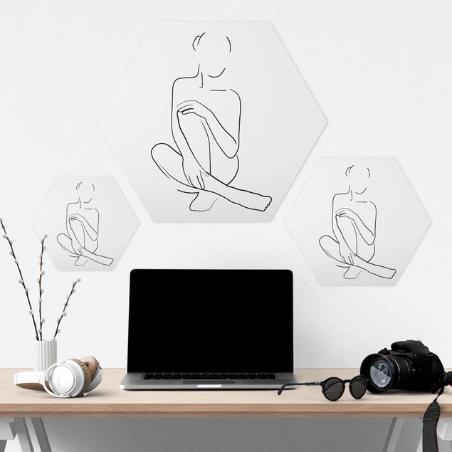 Hexagon Bild Forex - Line Art Frau sitzt Schwarz Weiß