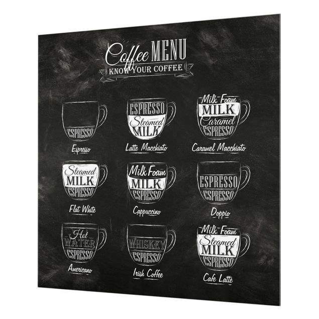 Glas Spritzschutz - Kaffeesorten Kreidetafel - Quadrat - 1:1