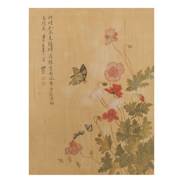 Holzbilder Yuanyu Ma - Mohnblumen und Schmetterlinge