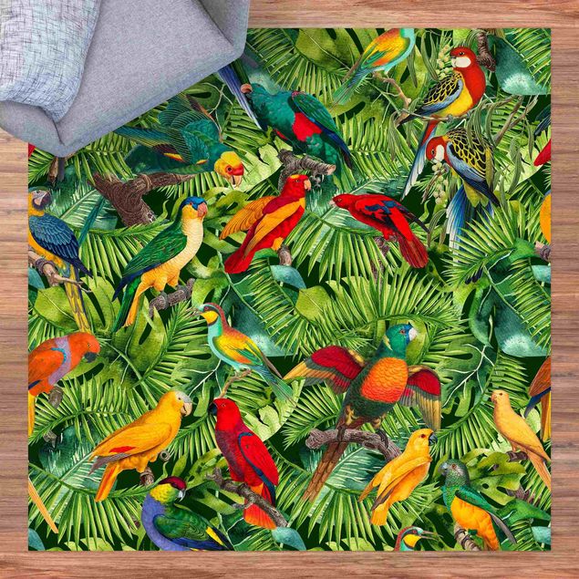 Teppich für Balkon Bunte Collage - Papageien im Dschungel