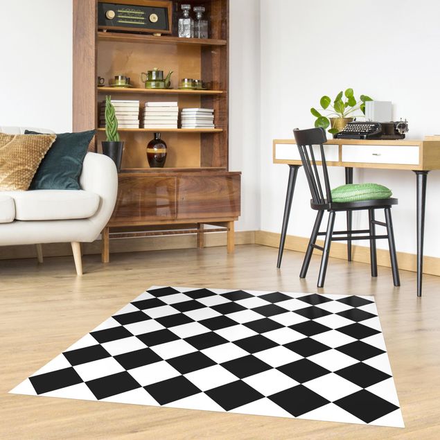 Moderner Teppich Geometrisches Muster gedrehtes Schachbrett Schwarz Weiß