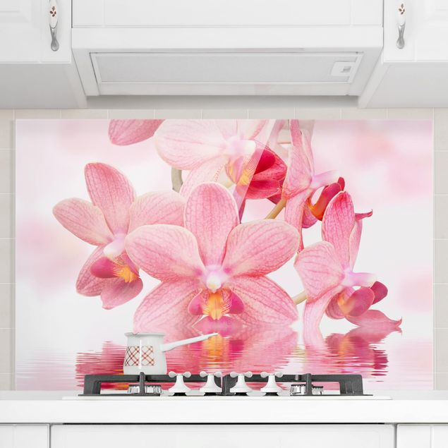 Glasrückwand Küche Orchidee Rosa Orchideen auf Wasser