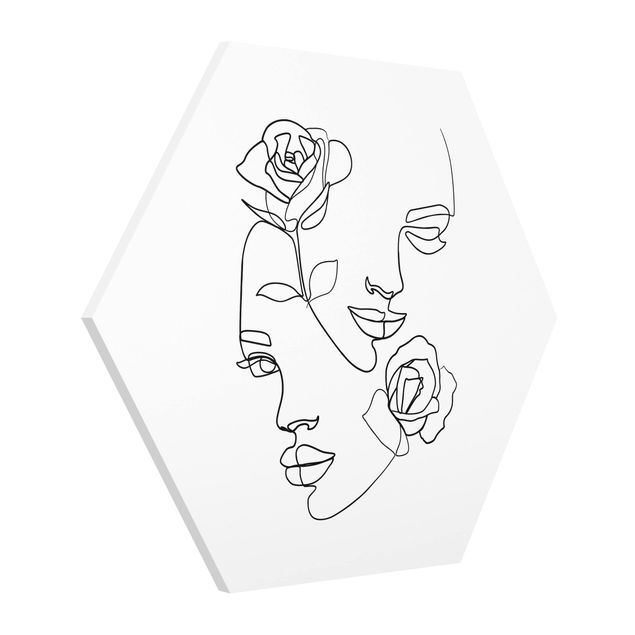 Hexagon-Bilder Line Art Gesichter Frauen Rosen Schwarz Weiß