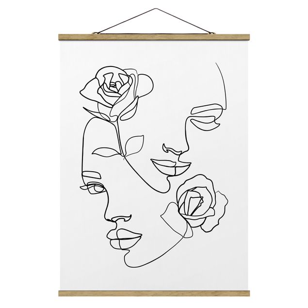 Stoffbild mit Posterleisten - Line Art Gesichter Frauen Rosen Schwarz Weiß - Hochformat 3:4