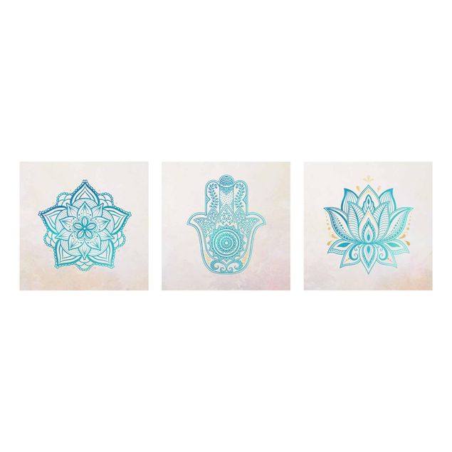 Glasbild mehrteilig - Mandala Hamsa Hand Lotus Set gold blau - 3-teilig