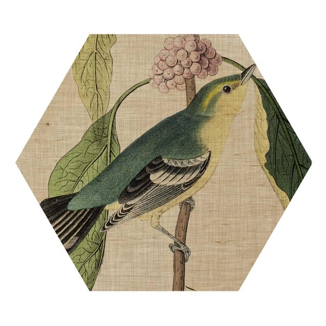 Hexagon Bild Holz - Vogel auf Leinen Rosa I