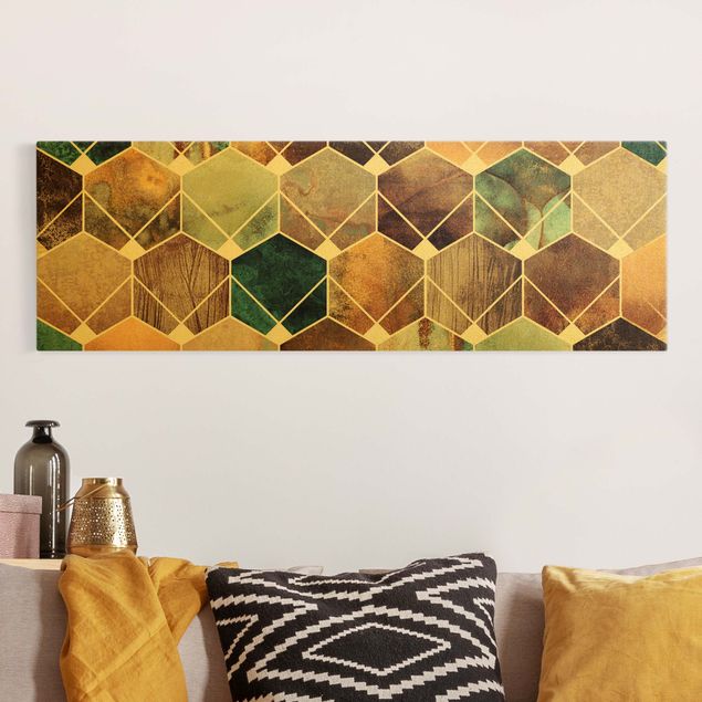 Leinwandbild Gold - Elisabeth Fredriksson - Goldene Geometrie - Türkises Art Deco - Panorama Quer