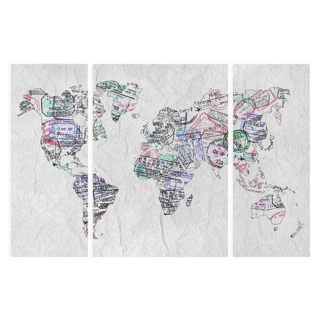 Leinwandbild 3-teilig - Reisepass Stempel Weltkarte - Tryptichon