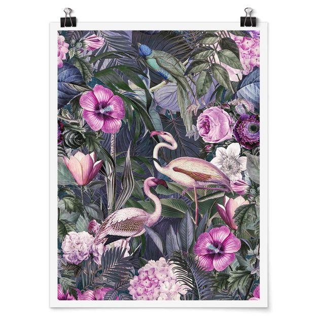 schöne Bilder Bunte Collage - Pinke Flamingos im Dschungel