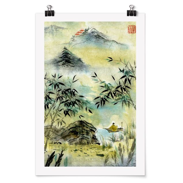 Poster - Japanische Aquarell Zeichnung Bambuswald - Hochformat 3:2