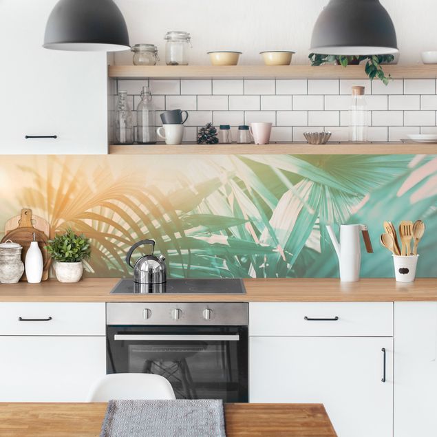 Küchenrückwand - Tropische Pflanzen Palmen bei Sonnenuntergang