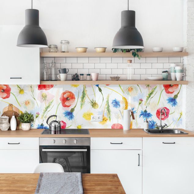 Wandpaneele Küche Aquarellierte Feldblumen mit Mohn