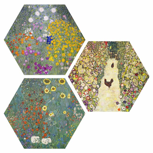 Hexagon Bild Alu-Dibond 3-teilig - Gustav Klimt - Im Garten
