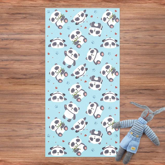 Teppichläufer Süße Pandabären mit Tapsen und Herzen Pastellblau