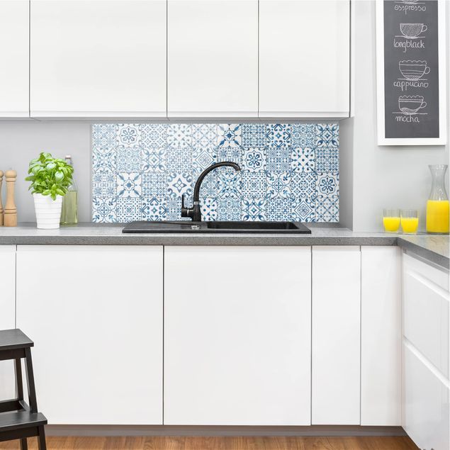 Glasrückwand Küche Muster Musterfliesen Blau Weiß