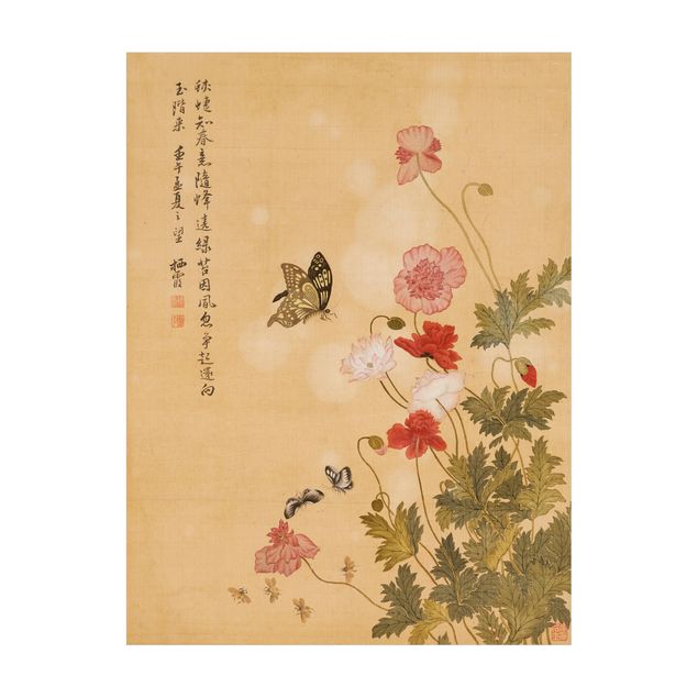 Teppich beige Yuanyu Ma - Mohnblumen und Schmetterlinge