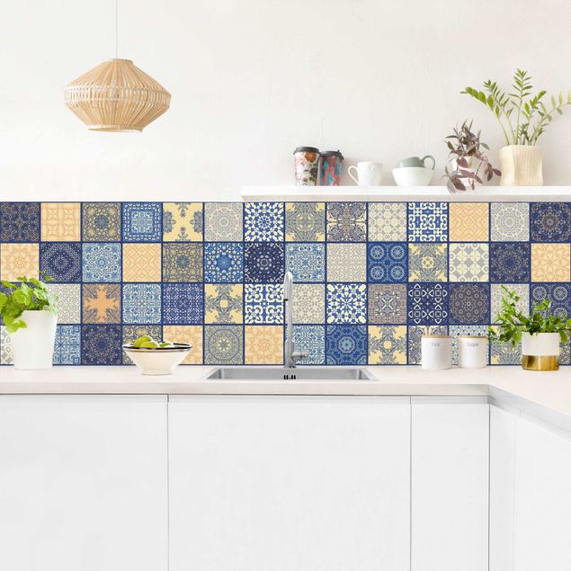 Küchenrückwand selbstklebend Sonnig Mediterrane Fliesen mit blauen Fugen