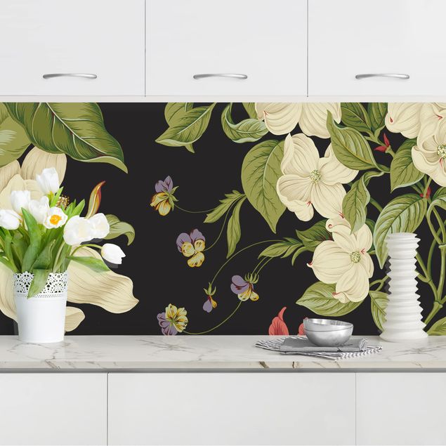 Platte Küchenrückwand Gartenblumen auf Schwarz I