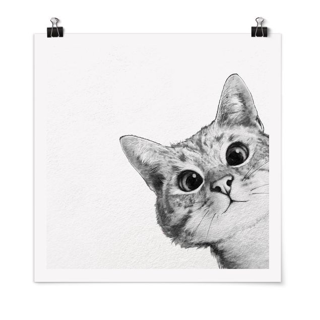 Poster - Illustration Katze Zeichnung Schwarz Weiß - Quadrat 1:1