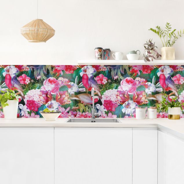 Wandpaneele Küche Bunte Tropische Blumen mit Vögeln Pink I