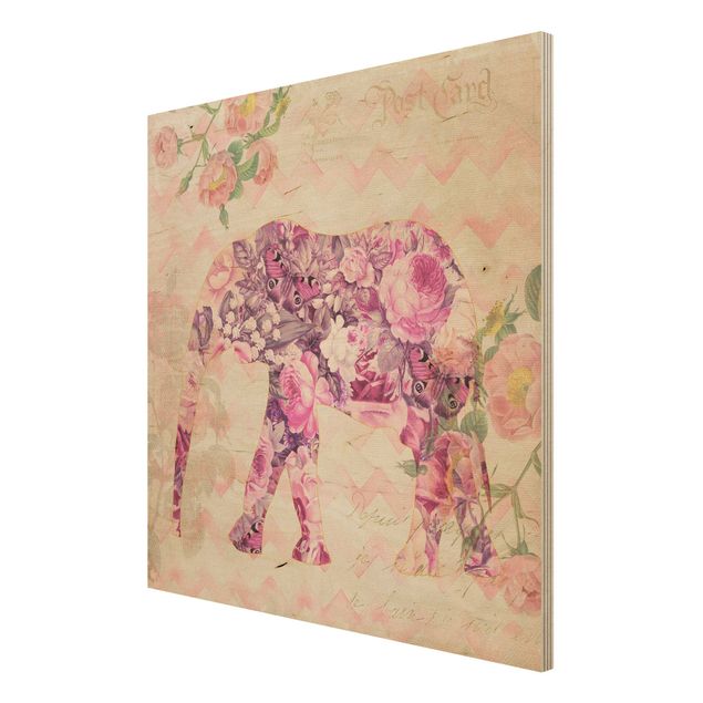 Wandbild Holz Vintage Collage - Rosa Blüten Elefant