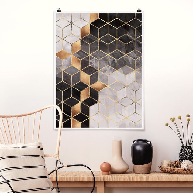 Poster abstrakt Schwarz Weiß goldene Geometrie