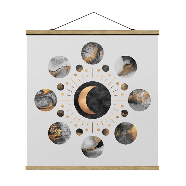 Stoffbild mit Posterleisten - Elisabeth Fredriksson - Mondphasen Abstrakt Gold - Quadrat 1:1