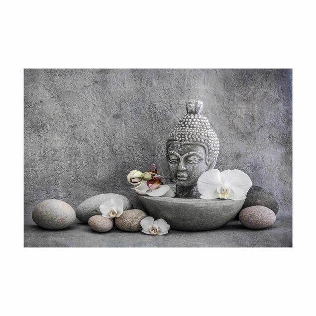 Teppich grau Zen Buddha, Orchideen und Steine