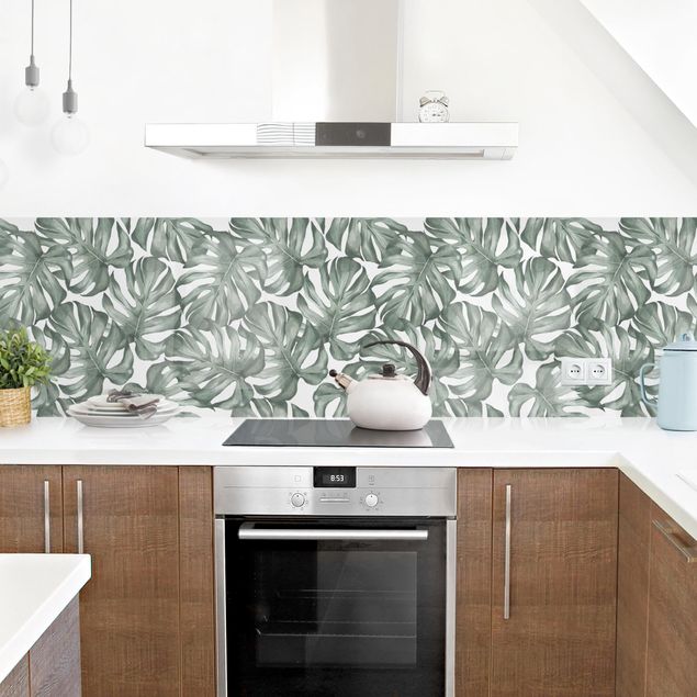 Küchenrückwand selbstklebend Aquarell Monstera Blätter in Grün