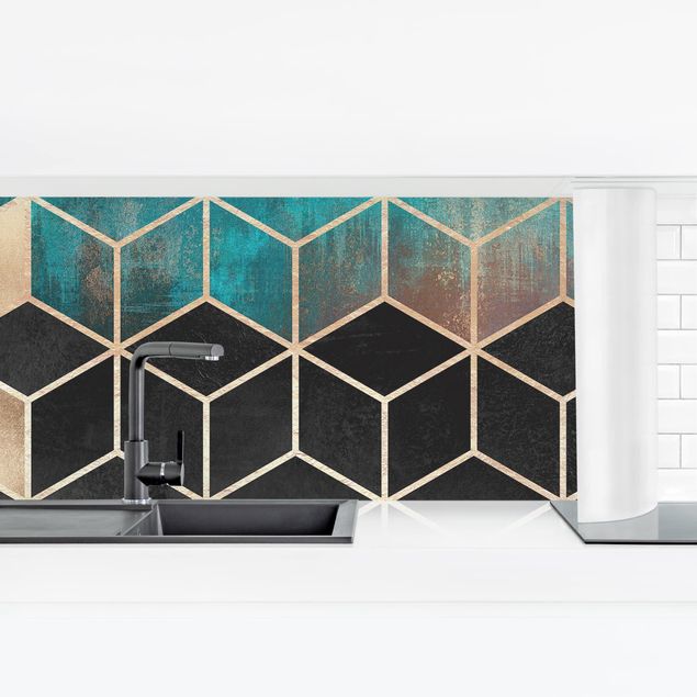 Küchenrückwand selbstklebend Türkis Rosé goldene Geometrie