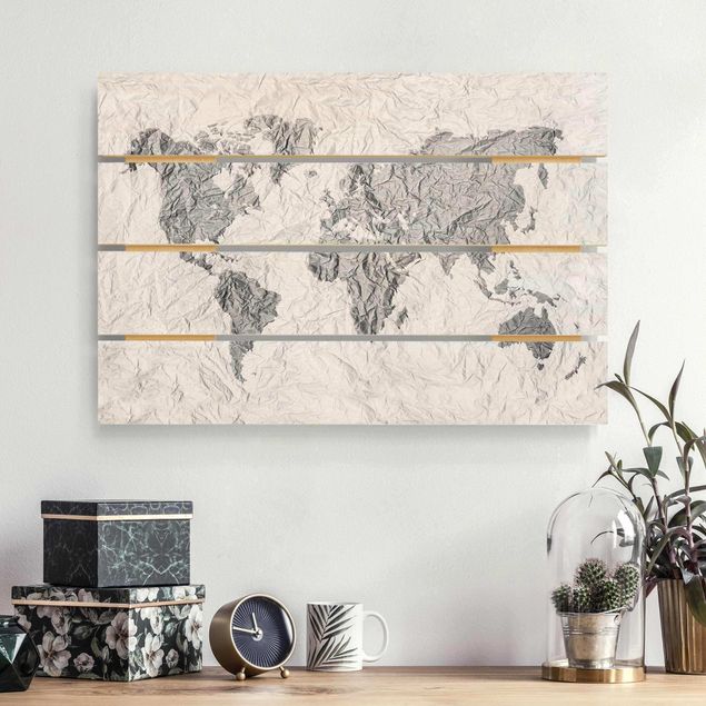 Holzbilder Muster Papier Weltkarte Weiß Grau