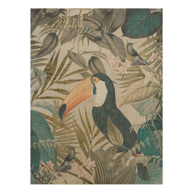 Wandbild Holz Vintage Vintage Collage - Tukan im Dschungel
