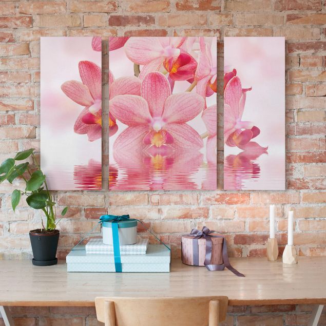 Leinwandbild 3-teilig - Rosa Orchideen auf Wasser - Triptychon