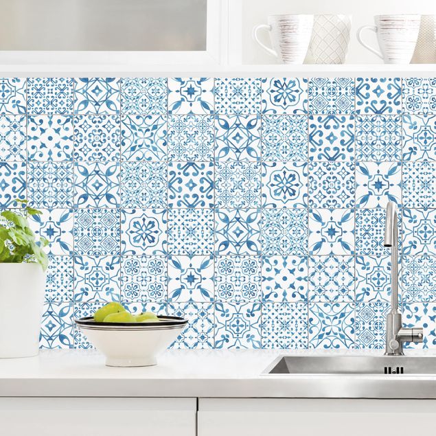 Küchenrückwand Folie Fliesenoptik Musterfliesen Blau Weiß
