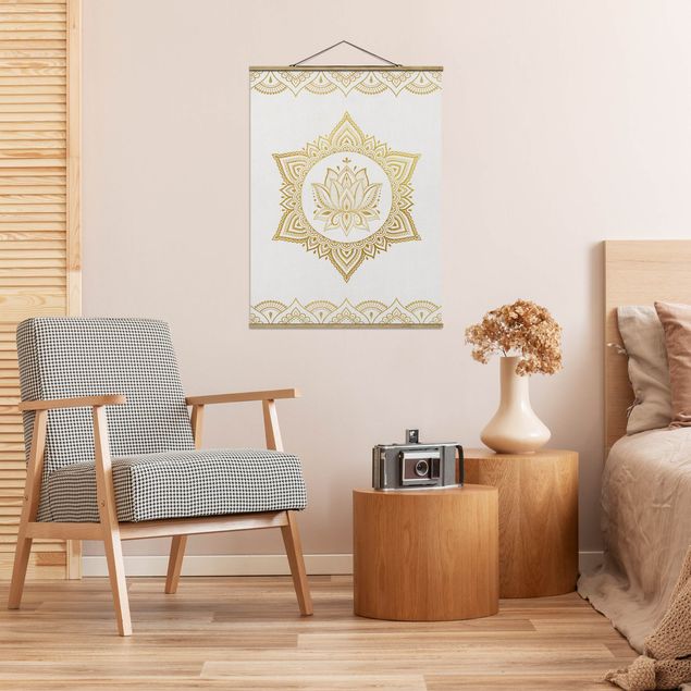 Stoffbilder mit Posterleisten Mandala Lotus Illustration Ornament weiß gold