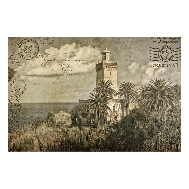 Magnettafeln Natur Vintage Postkarte mit Leuchtturm und Palmen
