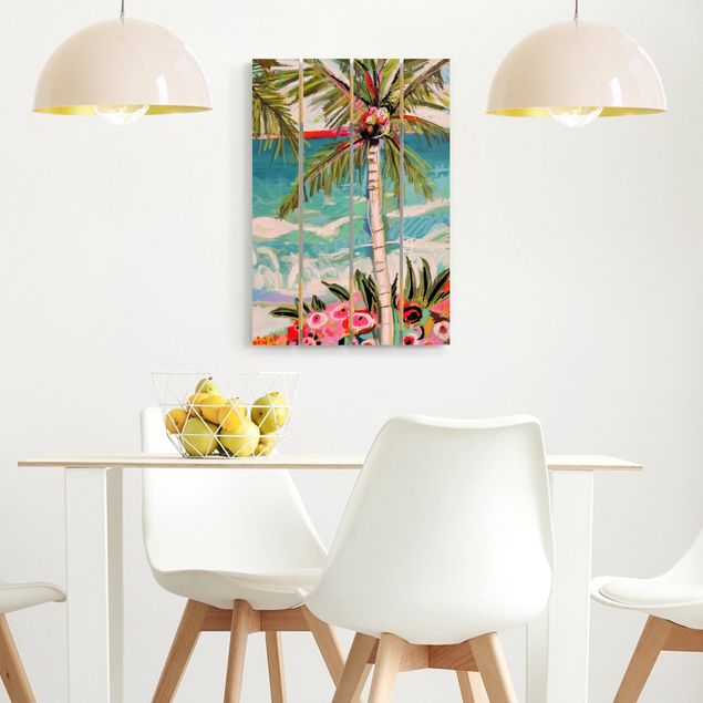 Holzbilder Natur Palme mit pinken Blumen II